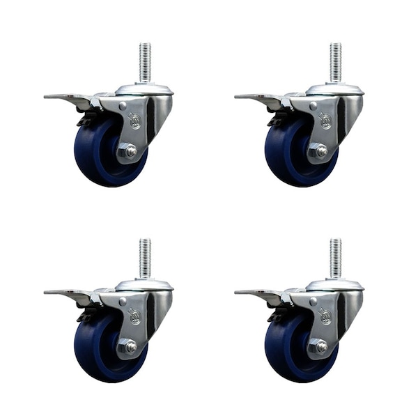 3 Inch Solid Polyurethane Swivel 34 Inch Threaded Stem Caster Set with Total Lock Brake